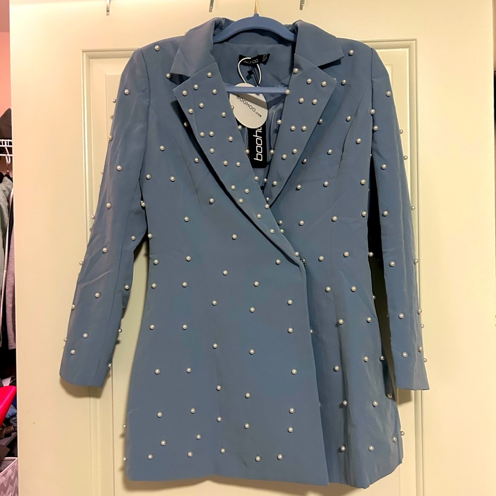 Light blue pearl studded blazer dress